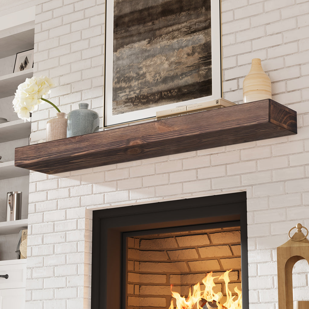 Wood Fireplace Mantel Floating Shelf – Heavy Duty Invisible Bracket | Wall Mounted Mantel for Over Fireplace | 5 Colors, 2 Lengths