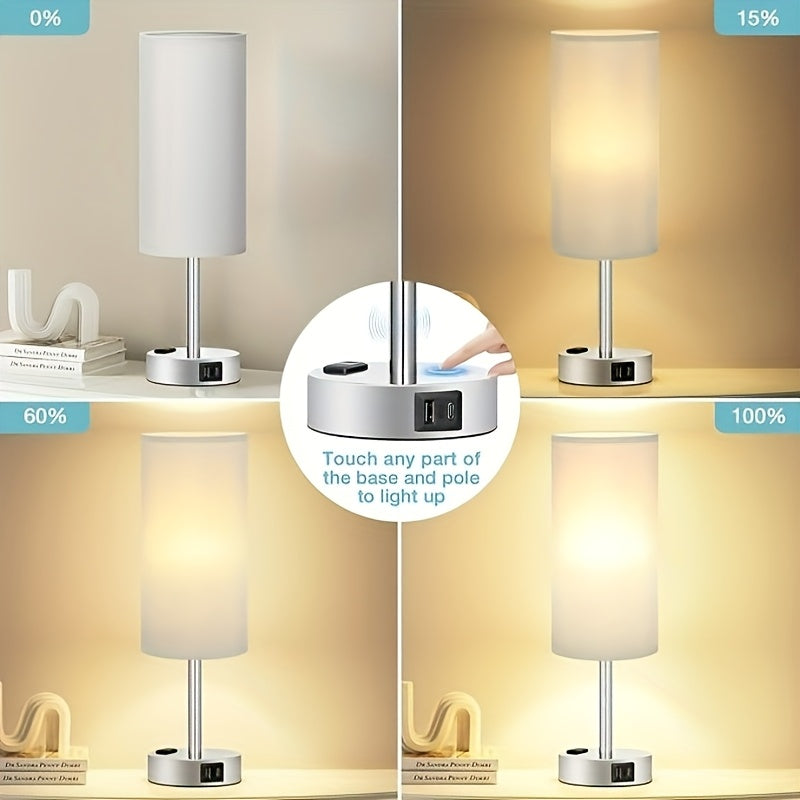 Dimmable Touch Bedside Table Lamp with Wood Base & USB-C Port – 3-Way Touch Control, Round Burlap Shade, A19 LED Bulb Included, 1/2 Pack