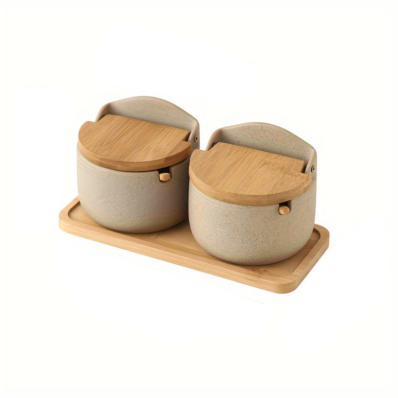 Ceramic Seasoning Pot Set with Tray Lid and Spoon Salt Pepper Spice Jars Kitchen Condiment Containers for Countertop Storage Set of 2 or 3