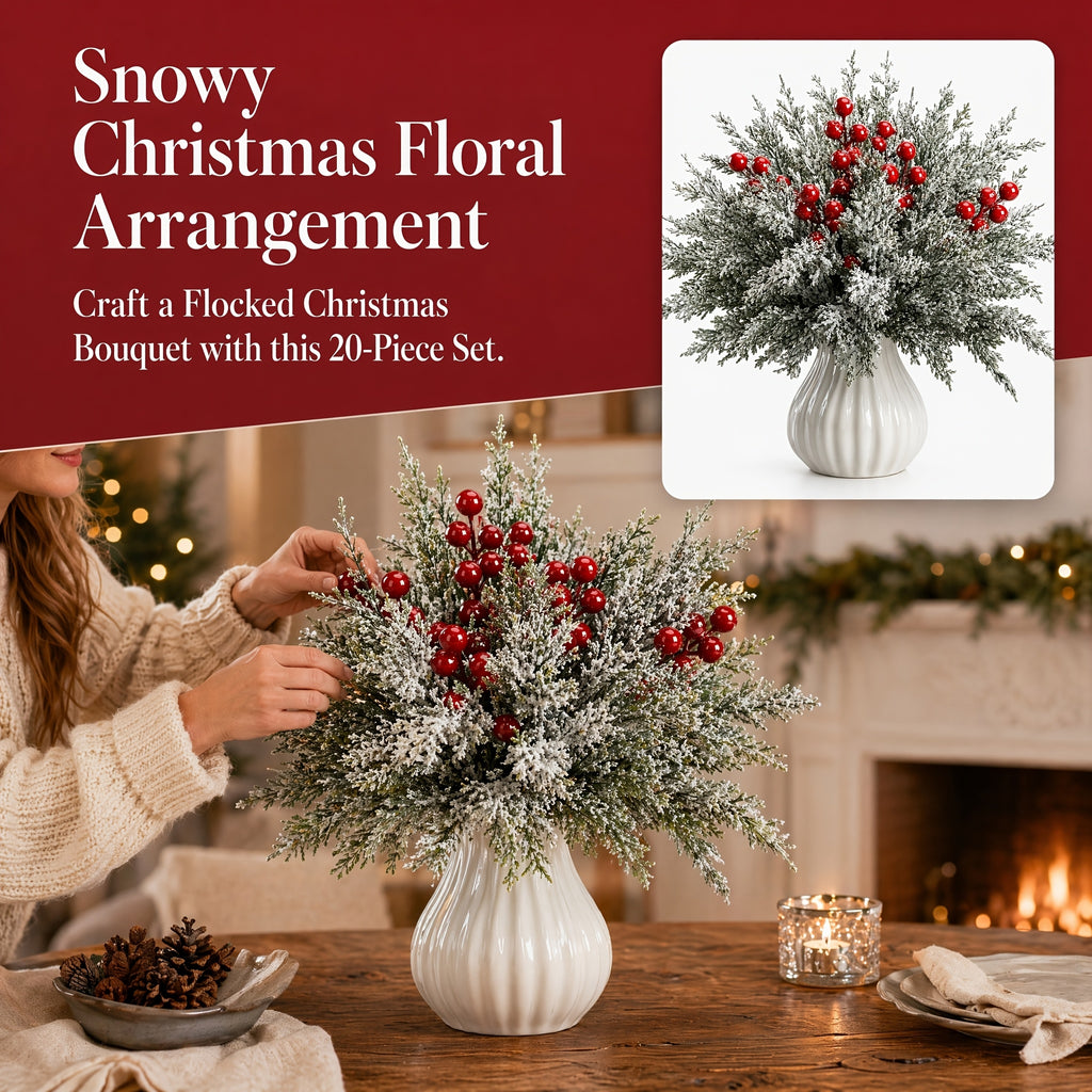 Artificial Christmas Greenery Stems with Red Berries 20pcs 14 Inch Flocked Norfolk Pine Picks for DIY Wreaths Xmas Tree Holiday Centerpiece Indoor Home Vase Filler Decor