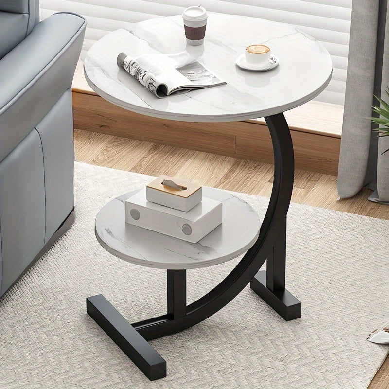 Solid Wood Round Coffee Table – Modern Double-Layer Sofa Side Table for Living Room Bedroom Balcony, Lightweight Luxury Design, White & Black