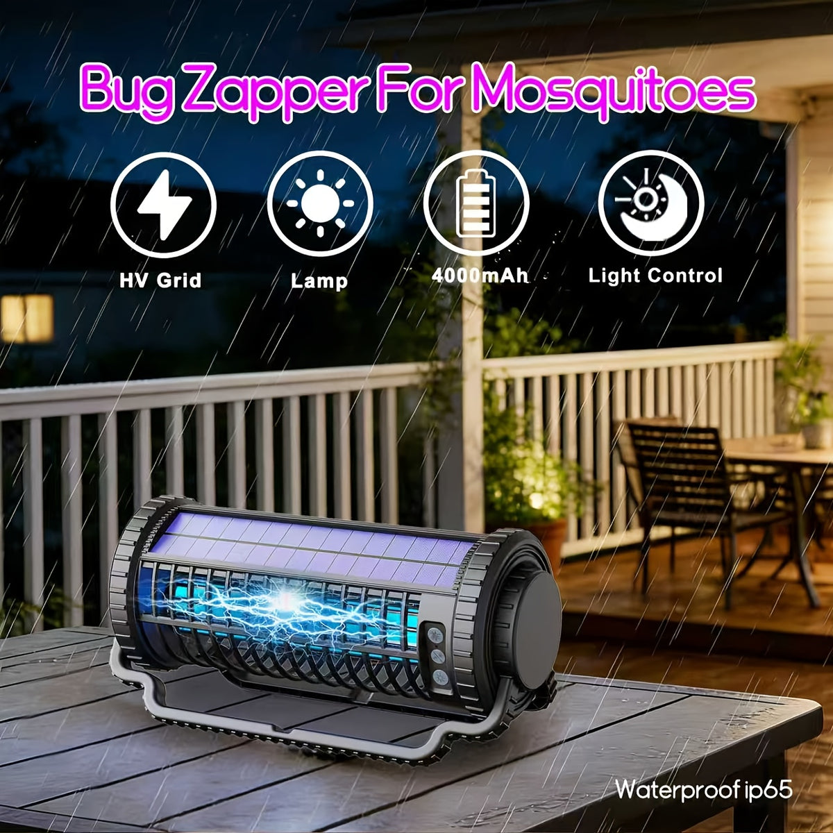 4000mAh Solar Bug Zapper USB Dual Charging Auto Light Sensor 360° Rotatable UV Mosquito Killer Fly Trap Chemical-Free Indoor Outdoor Camping Garden Patio Courtyard