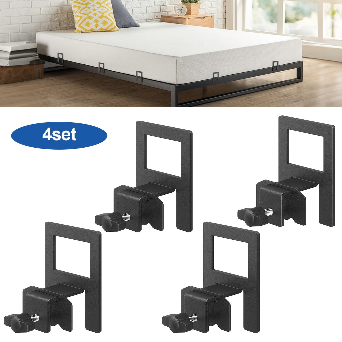 Non-Slip Mattress Gripper Brackets 4 Sets Adjustable Heavy Duty Anti-Slide Holder Clips with Screws for Metal Bed Frames Stops Mattress Sliding Black