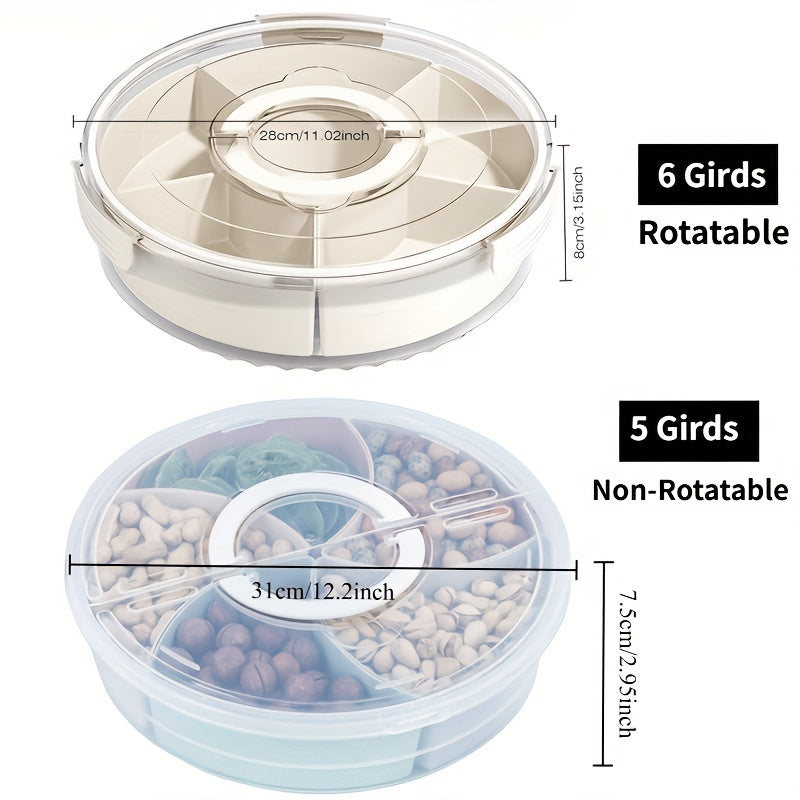 6 Grid Rotating Serving Tray with Lid and Handle 360 Rotatable Snack Organizer Box Portable for Camping Party Picnic RV Fridge Travel