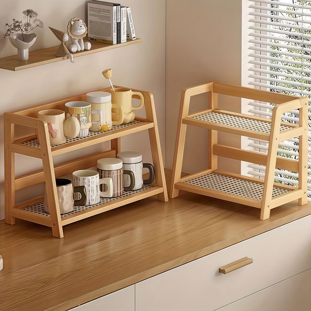 Japanese Natural Wood 2-Tier Cup Rack | Countertop Mug Organizer for Kitchen Living Room Coffee Bar