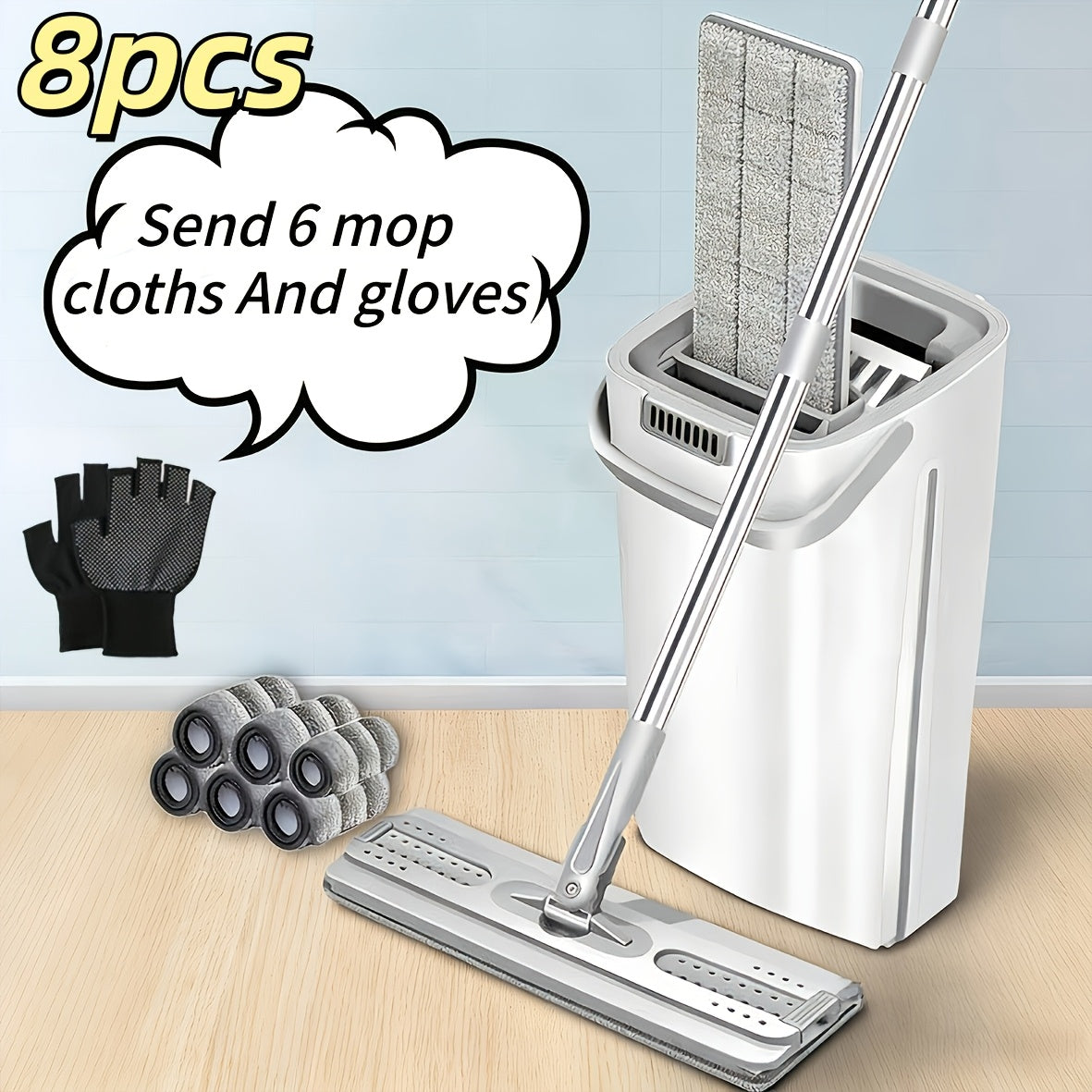 Hands-Free Flat Mop with Bucket 8-Piece Set Including 6 Microfiber Pads and Gloves, 360 Rotating Dry Wet Floor Mop for Bedroom Kitchen Bathroom, Household Cleaning Mop with Bucket Scraper and Wringer