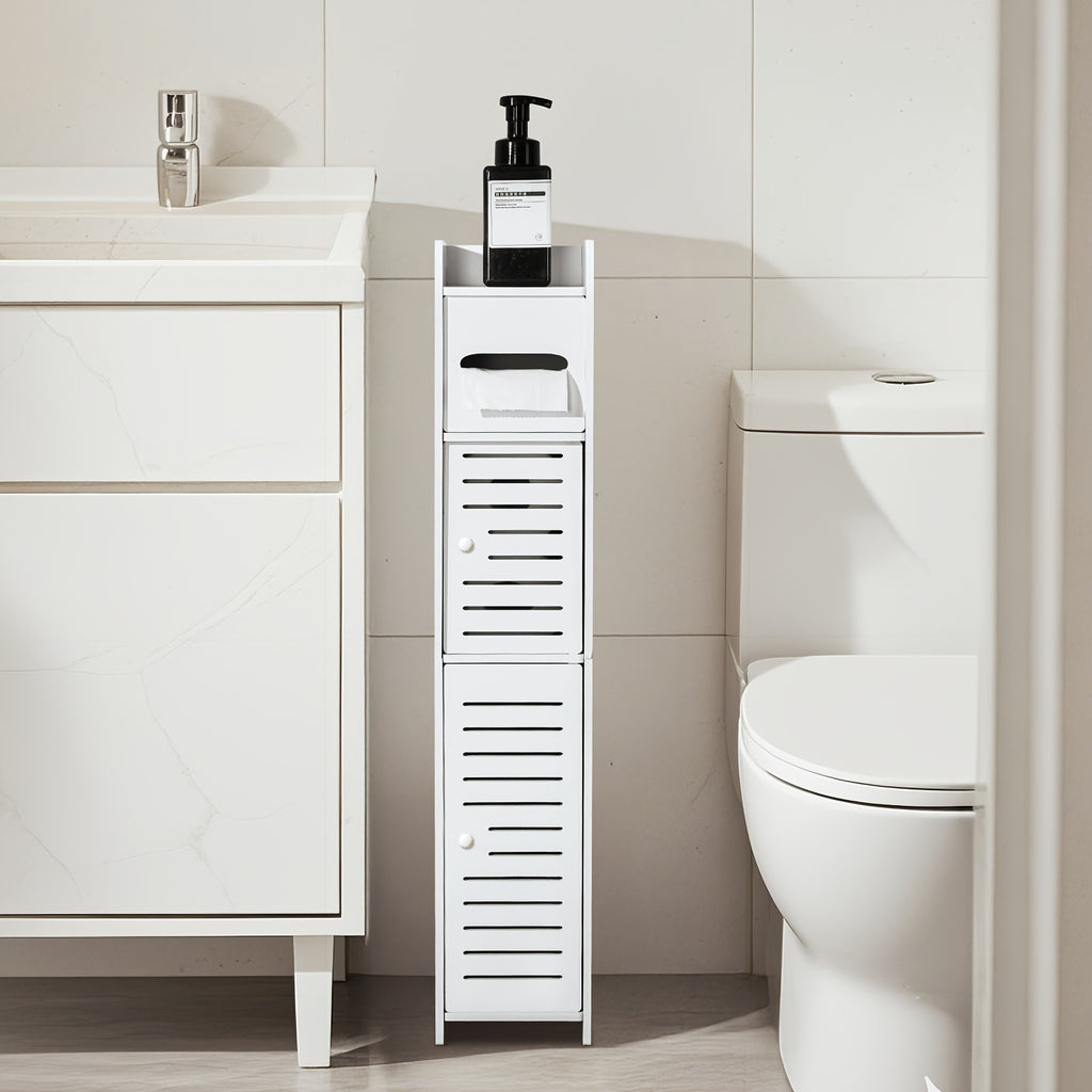 Slim Bathroom Storage Cabinet PVC Organizer with Toilet Paper Holder for Tight Spaces Bathroom Bedroom Living Room Easy Assemble Compact White