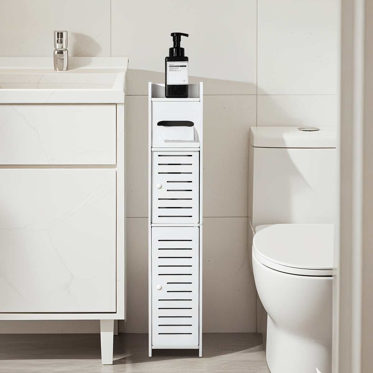 Slim Bathroom Storage Cabinet PVC Organizer with Toilet Paper Holder for Tight Spaces Bathroom Bedroom Living Room Easy Assemble Compact White