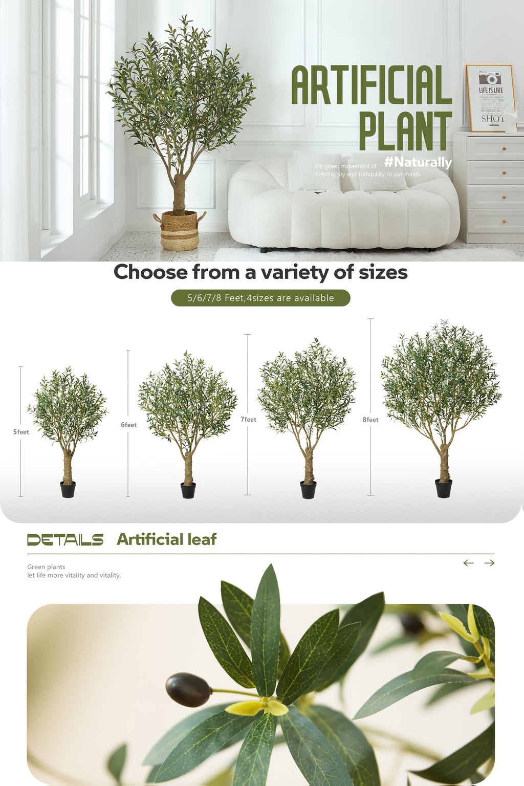 Artificial Olive Tree with Black Planter 5 6 7 8ft UV Resistant Faux Olive Plant Silk Leaves Mediterranean Indoor Outdoor Decor Living Room Office Bedroom Gift