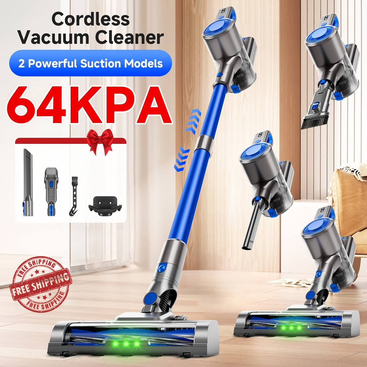 Cordless Vacuum Cleaner 54-64 KPA Lightweight with Anti-Tangle Brush, Removable Battery & Green LED – 45-Min Runtime for Carpet, Pet Hair, Hardwood Floors & Car Detailing