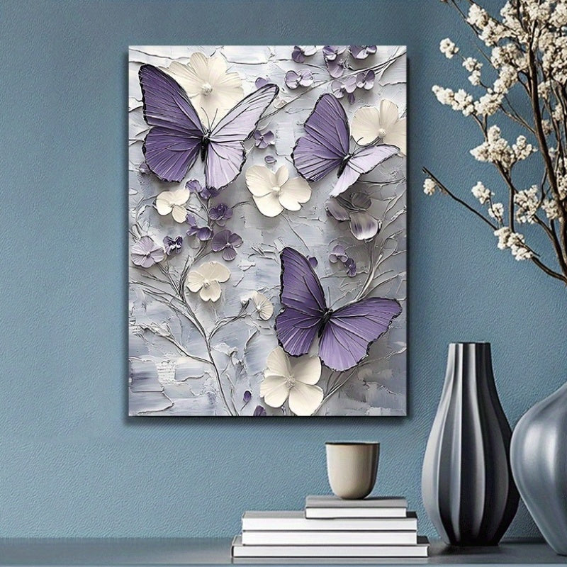 Elegant Butterfly Floral Canvas Wall Art – Wooden Framed Large Print, Rustic Farmhouse Style, Purple & White Floral Design on Grey Background, Perfect for Wedding, Bridal Shower, Living Room & Home Decor