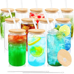 Glass Cup Set with Bamboo Lids & Glass Straws – American Style Drinking Glasses for Coffee, Water & Parties | 4/8/12/16-Piece | 2 Cleaning Brushes Included