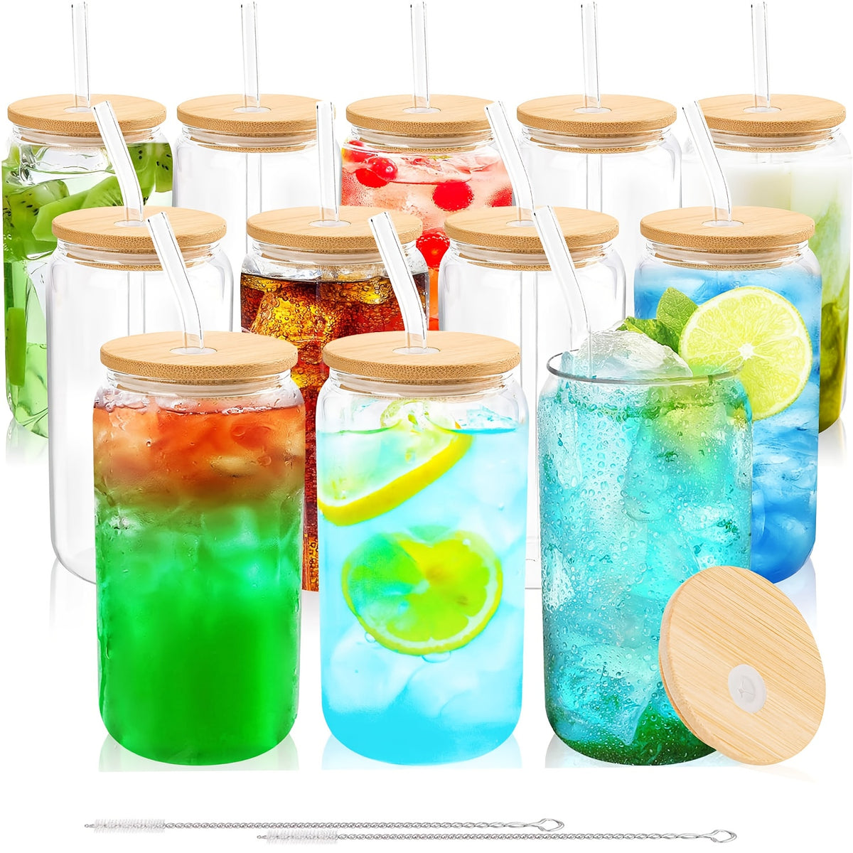 Glass Cup Set with Bamboo Lids & Glass Straws – American Style Drinking Glasses for Coffee, Water & Parties | 4/8/12/16-Piece | 2 Cleaning Brushes Included