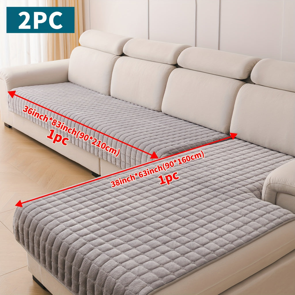 Quilted Short Plush Sofa Protector Set of 2 Ultra Soft Thick Non-Slip Sofa Mat – Pet Friendly, Machine Washable, Fits 3-Seater Sofa, Chaise & Bed Chair, Contemporary Home Decor