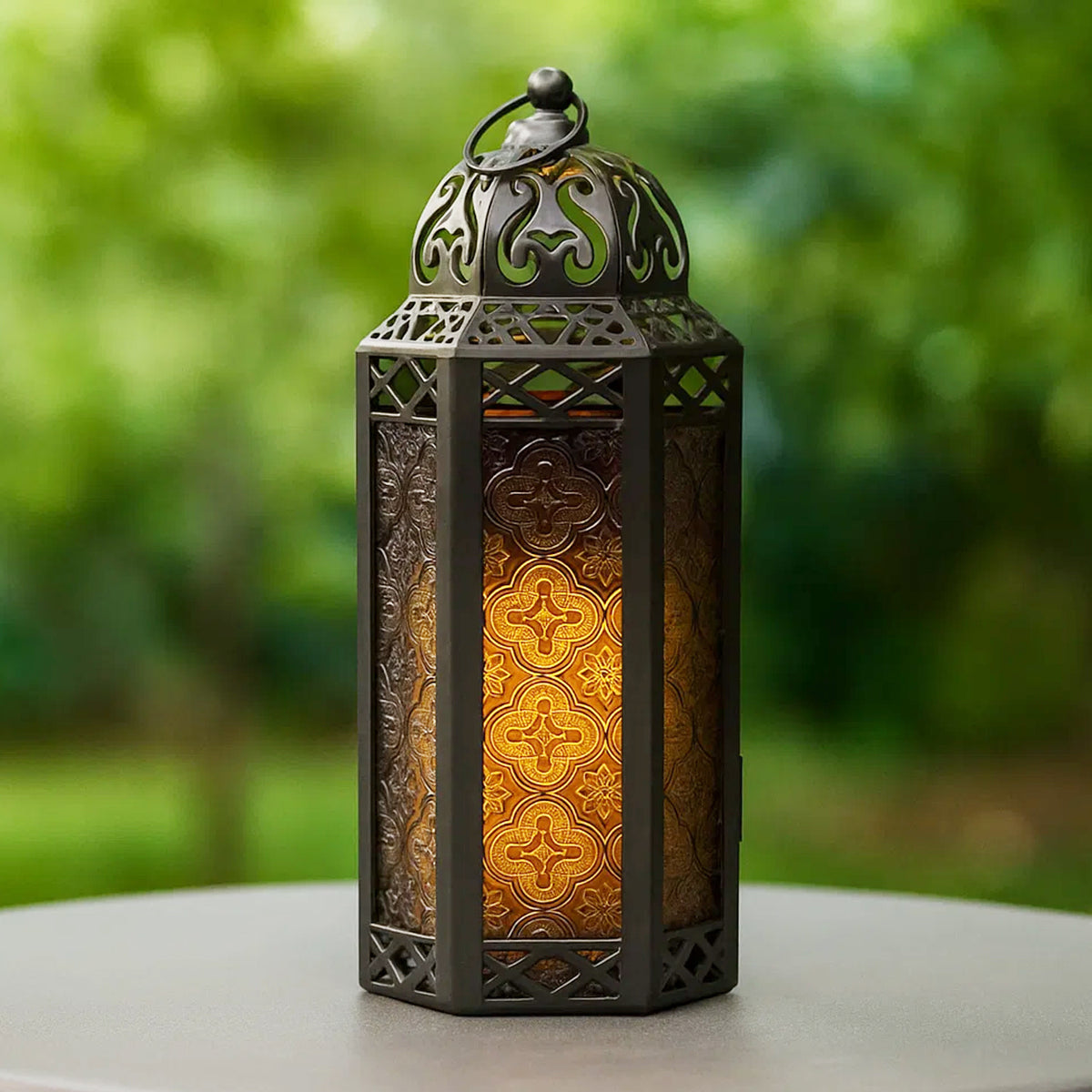 Moroccan Candle Lantern Holder Medium 10.5 Inch – Handcrafted Glass Iron Metal Lantern with Embossed Floral Panels, 17 Colors, Indoor Outdoor Use for Ramadan, Wedding, Patio, Diwali & Home Decor