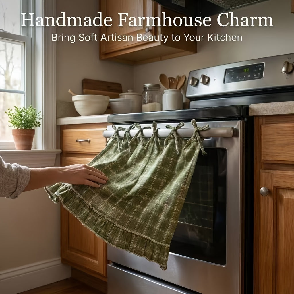 Farmhouse Oven Skirt Curtain – Handmade Checkered Ruffled Drawstring Decorative Panels for Oven, Stove & Cabinet Covers | Rustic Kitchen Appliance Decor | Nuvia Haven