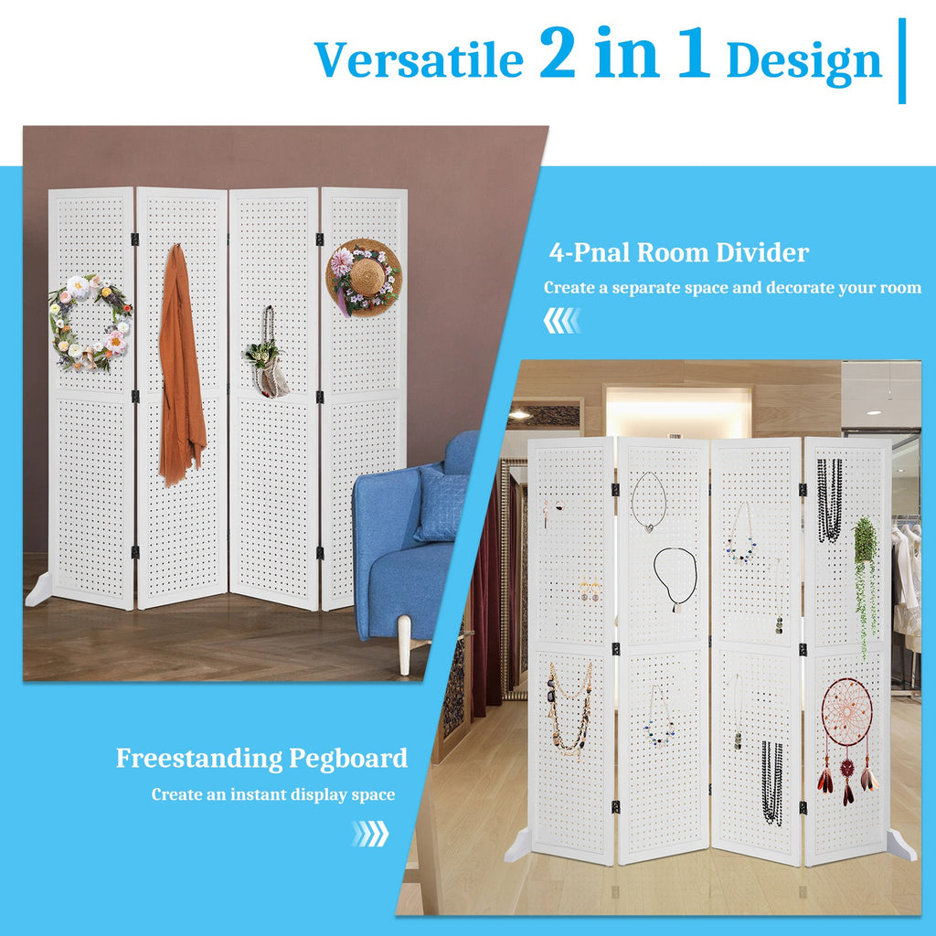 5 FT Freestanding Pegboard Room Divider | Wood Folding Privacy Screen & Display Board Organizer with Support Feet – White, Black, Natural, Grey | Craft Shows, Retail & Home