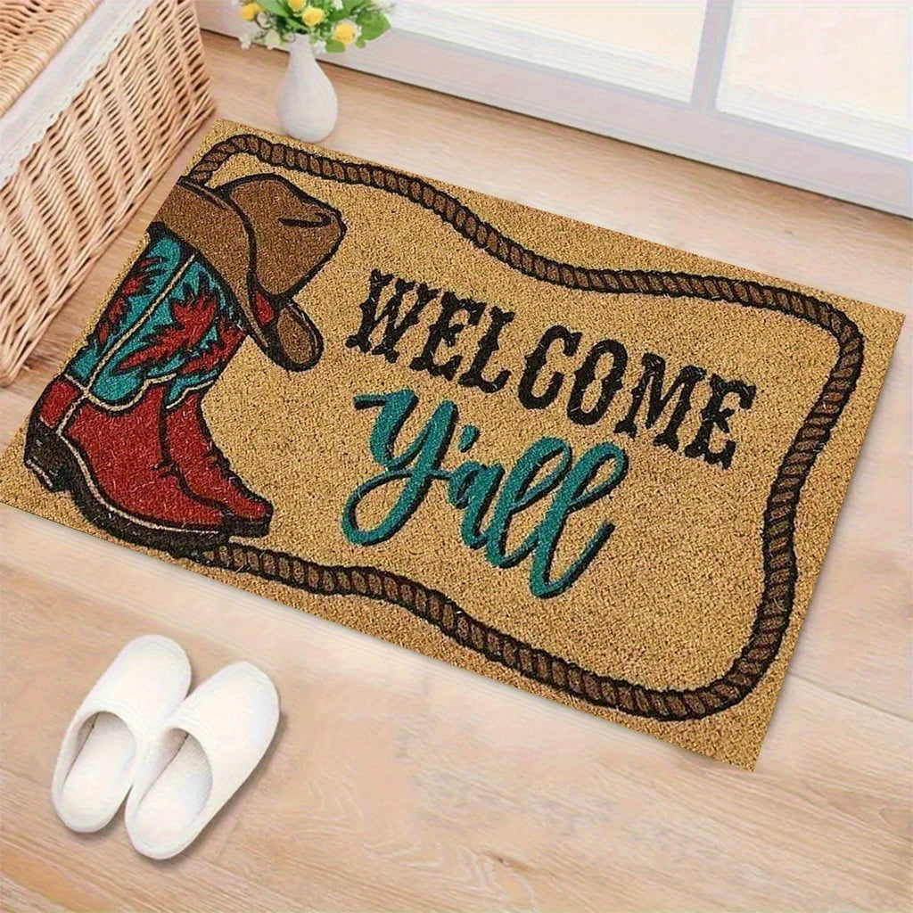 Cowboy Boots Western Flannel Floor Mat Non-Slip Water Absorbent Machine Washable, 20x31in Polyester Kitchen Bathroom Entryway Accent Mat