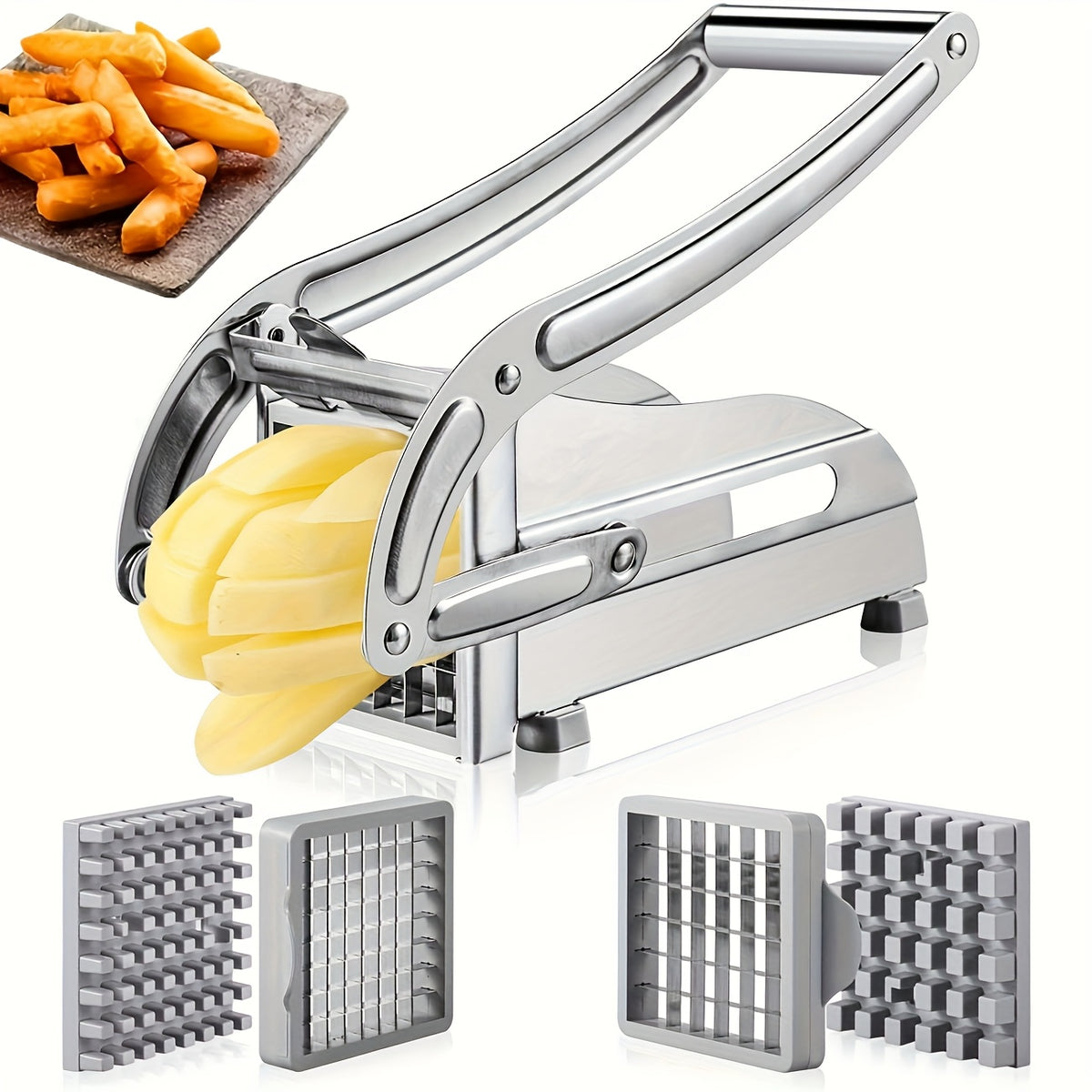 French Fry Cutter with 36 & 64 Hole Blades - Stainless Steel Potato Chipper Manual Slicer Dicer for Homemade Fries, Chips & Vegetables