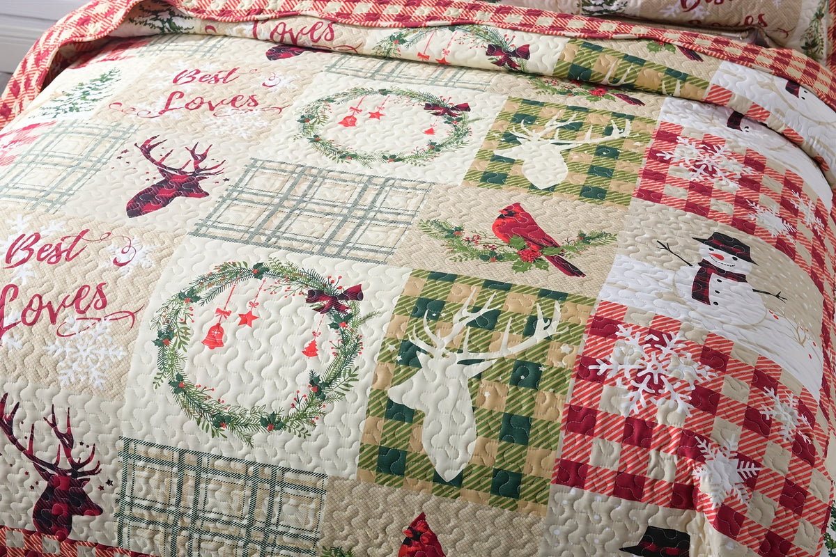 Christmas Quilt Set Queen King 3 Piece – Rustic Lodge Deer Snowman Snowflake Holiday Bedding Ensemble, Quilted Bedspread Coverlet with Pillow Shams, Machine Washable Lightweight Comforter