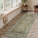 Sage Green Runner Rug Machine Washable Non-Slip - Boho Vintage Distressed Low Pile Flat Rug for Hallway Kitchen Entryway, Ultra-Thin Under-Door Fit, 11 Sizes
