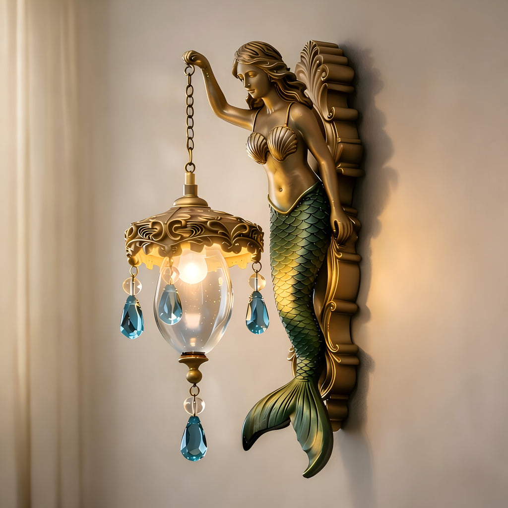 Mermaid Wall Night Light Battery Powered Wireless - Vintage Soft Glow LED Wall Lamp with Elegant Tail Design for Bedroom, Kids Room & Fantasy Decor, Plug-Free Wall Sconce Gift