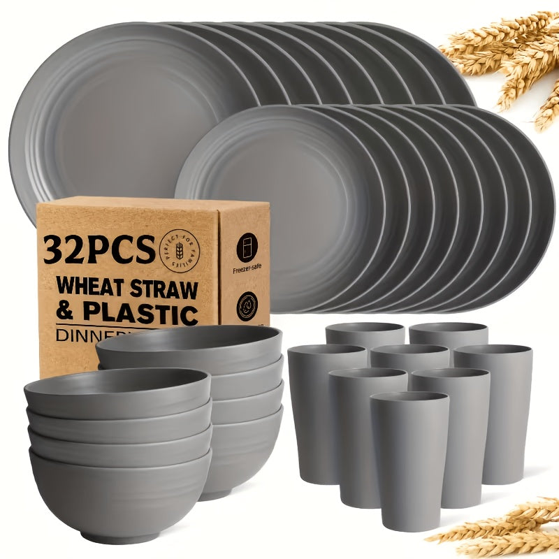 16 or 32pcs Wheat Straw Dinnerware Set Plates and Bowls Microwave Dishwasher Safe Durable Plastic Tableware for 8 – Party Gifts Multiple Colors