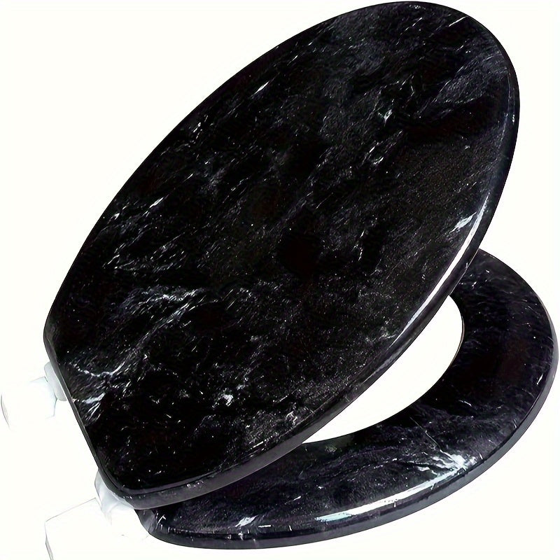 Soft Close Toilet Seat Round Black Marble | Designer Art Toilet Seat with Quick-Release Hinges, Easy Clean, Stylish Bathroom Upgrade