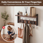 Wooden Wall-Mounted Shelf with 5 Hooks – Floating Coat Rack & Key Organizer for Entryway, Bedroom & Bathroom, Towel Hook Rail, Wall Storage for Kitchen & Living Room, Rustic Wood Hanging Shelf with Hooks