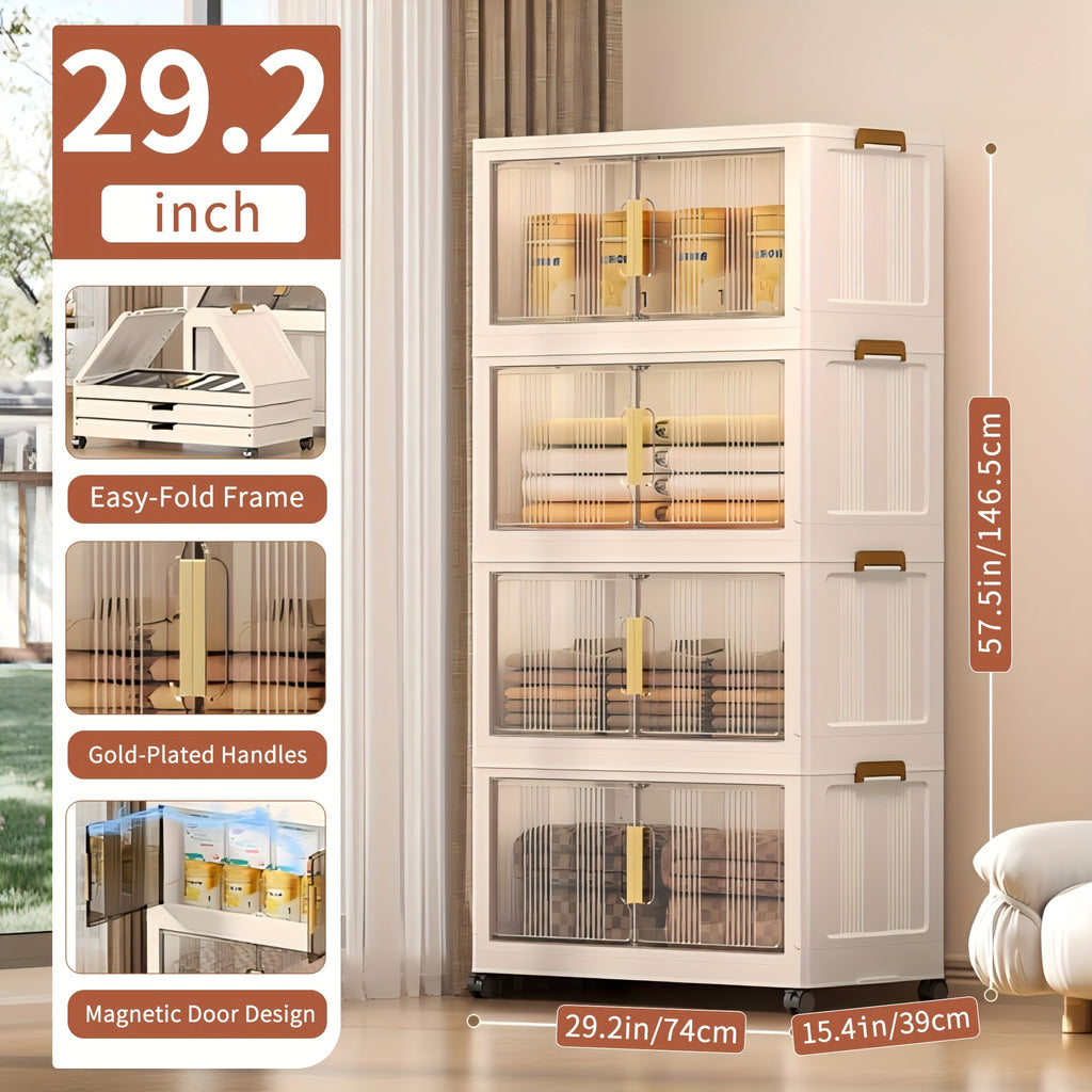 29.2" Wide Extra Large Collapsible Storage Cabinet 4/5-Tier – Stackable Plastic Bins with Lids & Wheels, Foldable Organizer System for Closet, Bathroom, Home, Office & Dorm