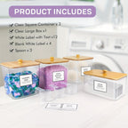 Laundry Storage Containers 4 Pack with Wooden Lids & Labels – Large Clear Rectangular Organizer Bins for Detergent Pods, Scent Boosters & Laundry Powder, Durable Plastic Laundry Room Organization