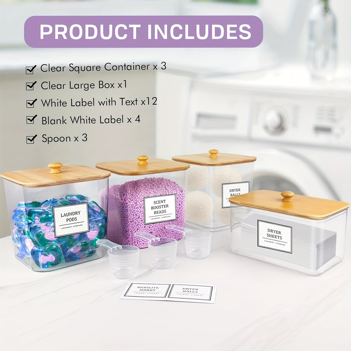 Laundry Storage Containers 4 Pack with Wooden Lids & Labels – Large Clear Rectangular Organizer Bins for Detergent Pods, Scent Boosters & Laundry Powder, Durable Plastic Laundry Room Organization