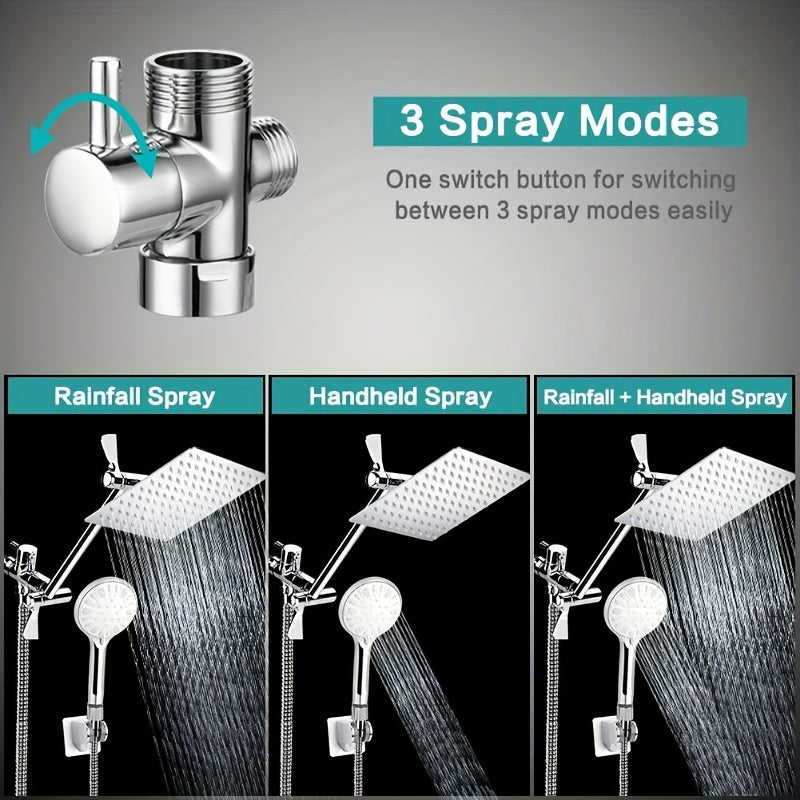 High Pressure Rainfall & Handheld Shower Head Combo, 9 Spray Settings, 11" Extension Arm, Leak-Proof Wall-Mounted, Height & Angle Adjustable, Holder & Hose Included – Chrome & Black, 8"/10"/12"