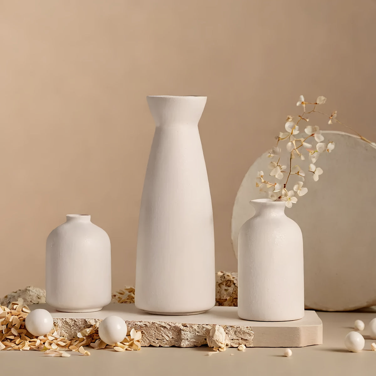 Boho Ceramic Vase Set 3pcs Matte Nordic Minimalist Geometric & Floral Designs, Decorative Vases for Living Room, Entryway, Bookshelf, TV Console & Bathroom Vanity, Holiday & Birthday Gift