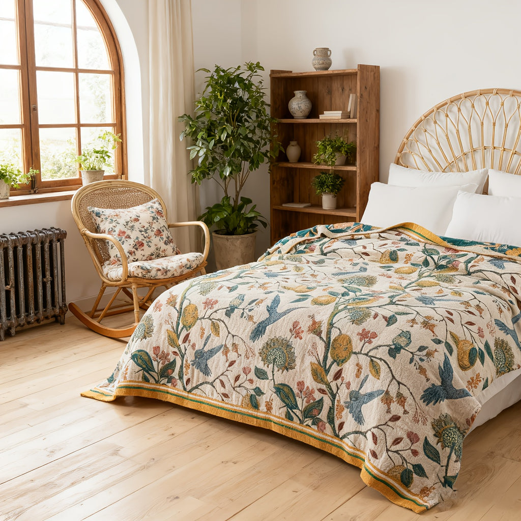Boho Cotton Throw Blanket Twin Queen King – 100% Cotton Soft Luxury Reversible Quilt, Floral Lemon Print Farmhouse Bohemian Bed Blanket for All Seasons