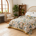 Boho Cotton Throw Blanket Twin Queen King – 100% Cotton Soft Luxury Reversible Quilt, Floral Lemon Print Farmhouse Bohemian Bed Blanket for All Seasons