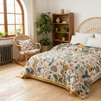 Boho Cotton Throw Blanket Twin Queen King – 100% Cotton Soft Luxury Reversible Quilt, Floral Lemon Print Farmhouse Bohemian Bed Blanket for All Seasons