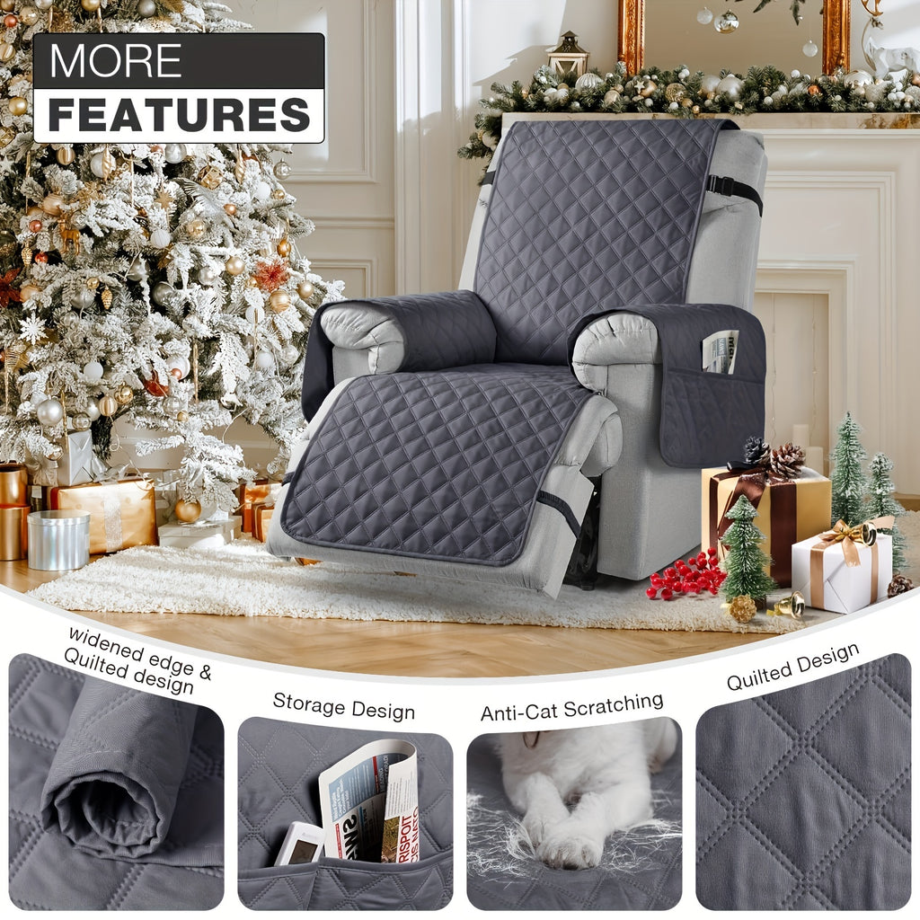 Waterproof Recliner Chair Cover with Pocket – 100% Non-Slip Washable Reclining Chair Slipcover with Adjustable Strap, Pet Friendly Furniture Protector for Dogs Cats, Living Room Home Decor, 1pc