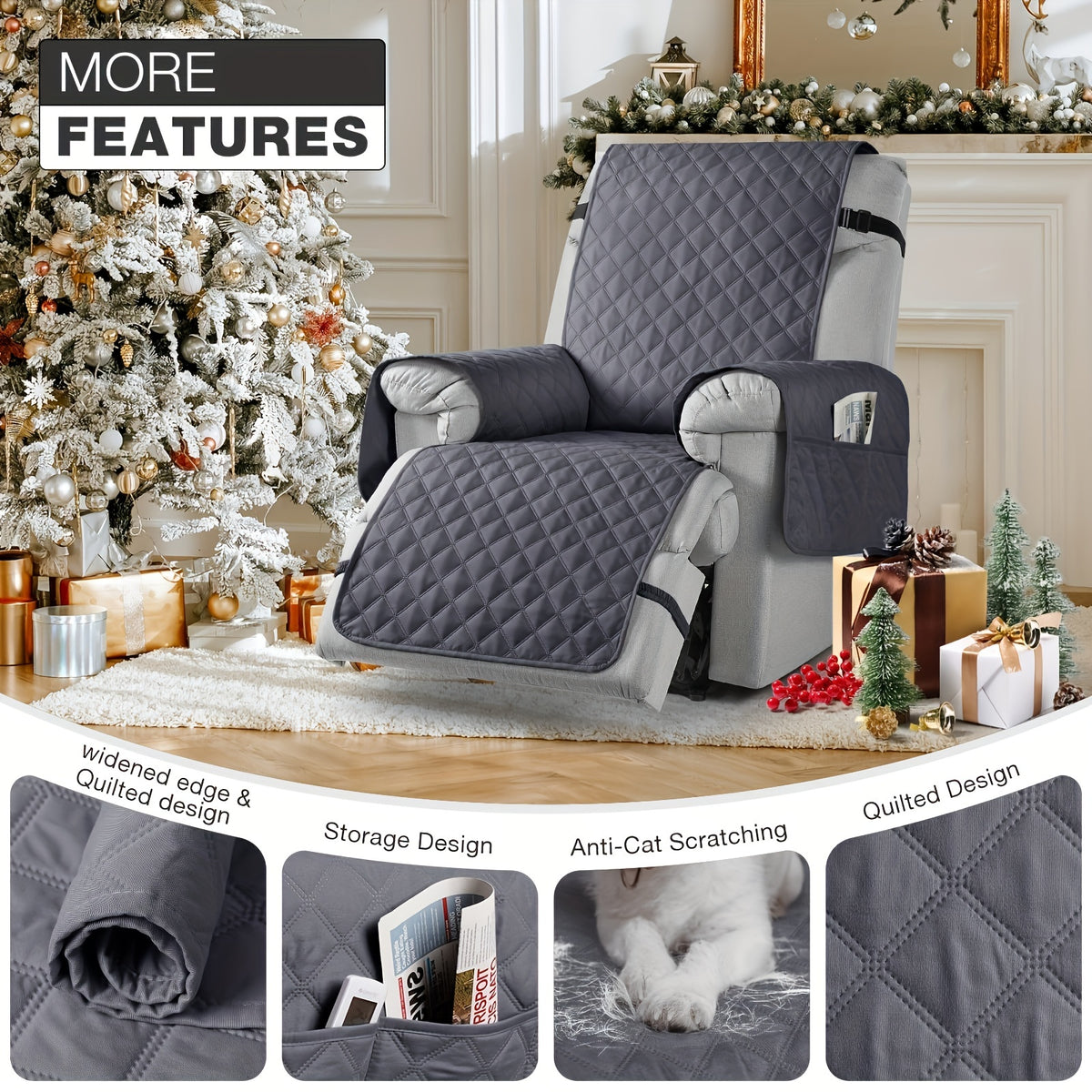 Waterproof Recliner Chair Cover with Pocket – 100% Non-Slip Washable Reclining Chair Slipcover with Adjustable Strap, Pet Friendly Furniture Protector for Dogs Cats, Living Room Home Decor, 1pc