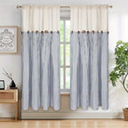 Bohemian Semi-Sheer Linen Cotton Curtains Grommet Top – Patchwork Country Cottage Window Drapes, 1 or 2 Panels, All Season, Bedroom Living Room Kitchen Bathroom Cafe Decor | Blue Green Dark Blue