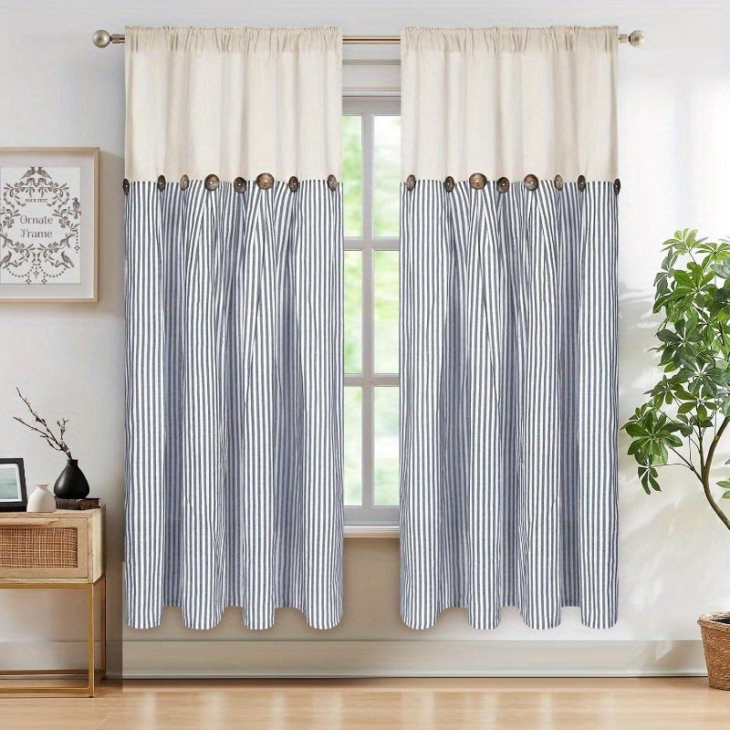 Striped Patchwork Semi-Sheer Rod Pocket Curtains – Bohemian Tiered Window Panels for Bedroom, Living Room, Kitchen, Bathroom & Cafe | 1 or 2 Pcs