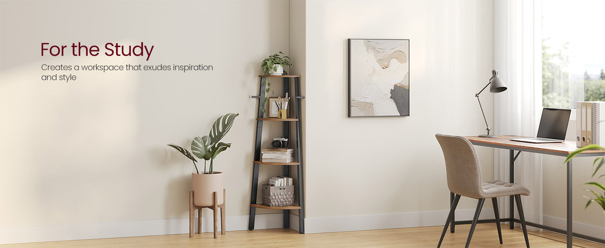 Corner Shelf 4-Tier Ladder Bookshelf & Plant Stand – Industrial Style Space-Saving Corner Shelving Unit for Living Room, Bedroom, Study & Entryway