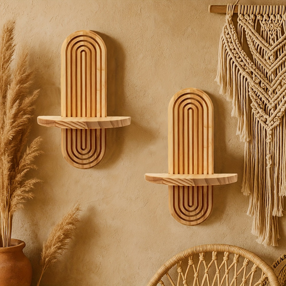 Boho Wooden Small Wall Rack Set of 2 – Hanging Storage Shelf for Bathroom, Bedroom, Living Room & Kitchen Decor Organization