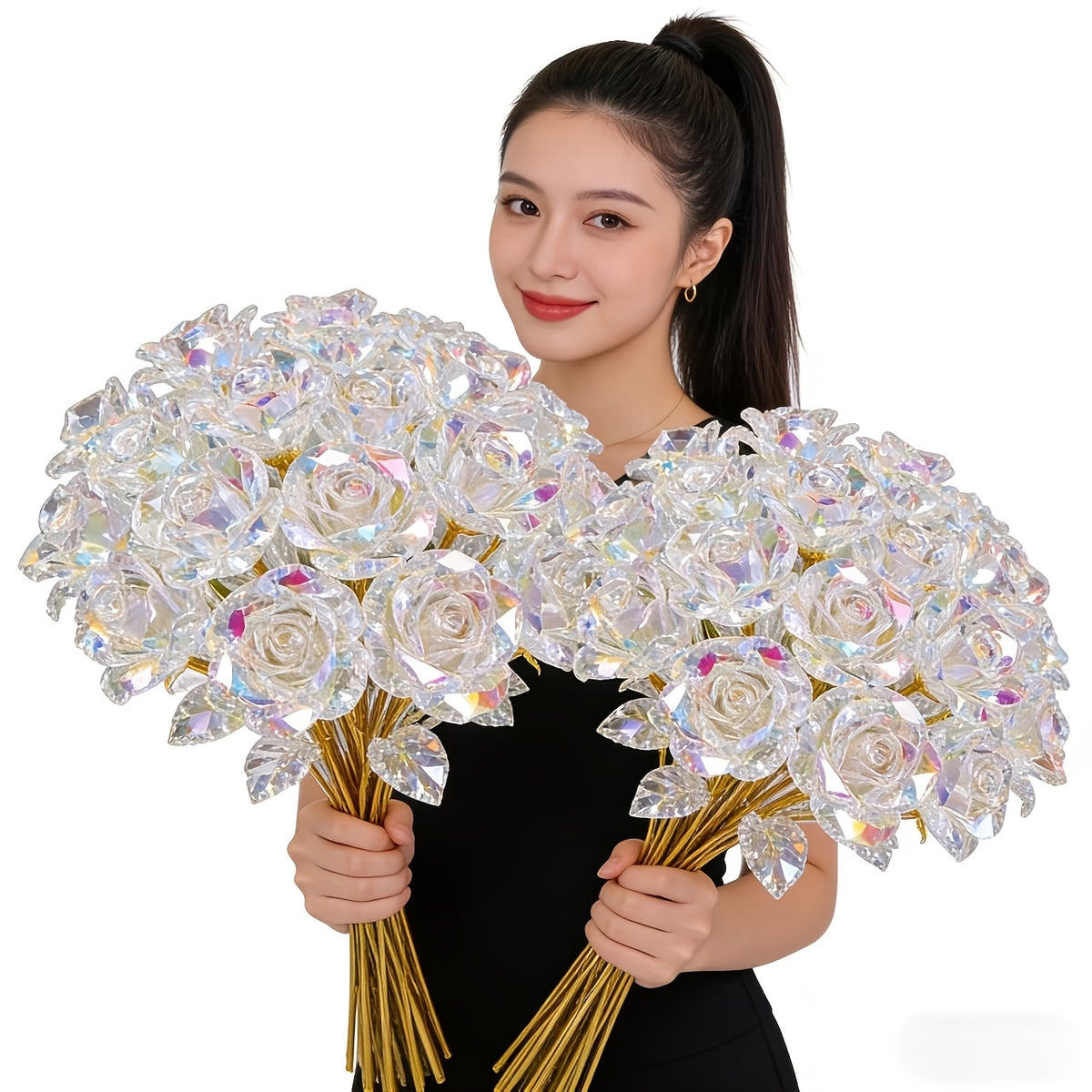 Crystal Rose Bouquet 20pcs Sparkling Eternal Artificial Crystal Flowers, Realistic Faux Rose Set for Weddings, Valentine's Day, Mother's Day, Anniversary, Birthday & Holiday Centerpiece Decoration