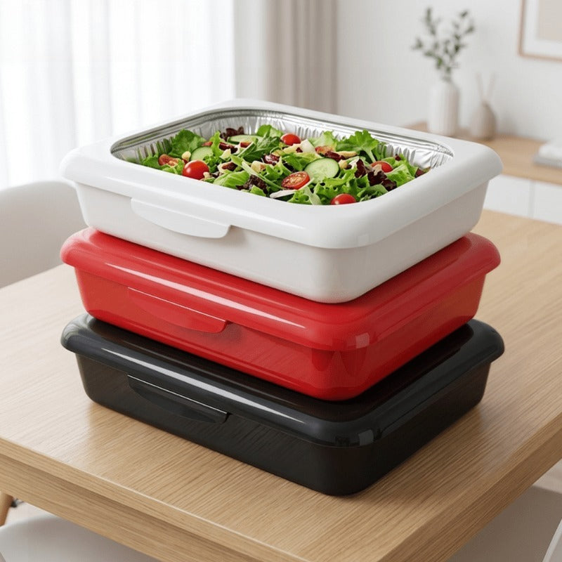 Reusable Food Storage Tray Set 4PCS 2-in-1 Plastic Serving Tray with Foil Trays – Holiday Party Containers for Christmas, Thanksgiving, BBQ & Outdoor Gatherings, White, Red & Black