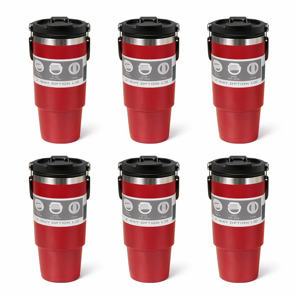 30oz Stainless Steel Insulated Tumbler 6-Pack with Handle, Lid & Straw – Double Wall Vacuum Travel Cups, Colorful Gift Set for Coffee, Cold Drinks & Daily Use | Black, Red, White & More