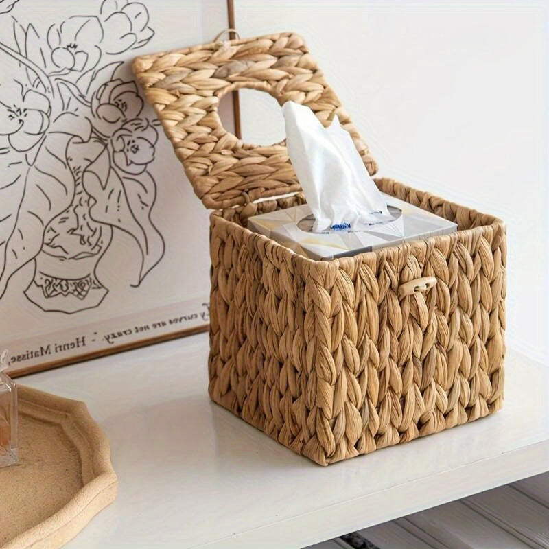 Boho Woven Square Tissue Box Cover with Lid – Natural Fiber, Snap Closure, Decorative Tissue Holder for Bathroom, Living Room, Bedroom & Vanity – Stylish Home Decor Storage Basket