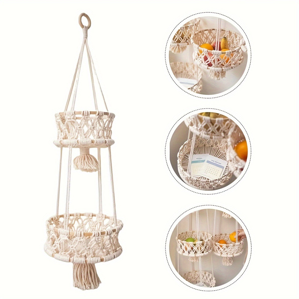 Macrame Hanging Fruit Basket 1/2/3-Tier Boho Wall Storage – Bohemian Hanging Basket for Fruits, Vegetables & Indoor Plants, Kitchen & Home Decor