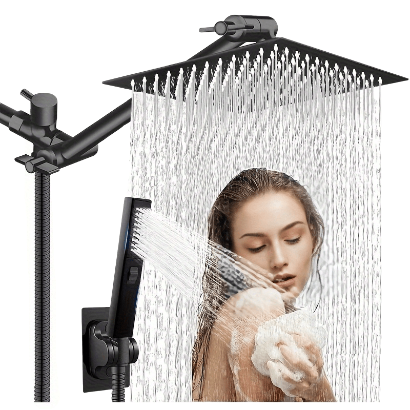 High Pressure Rainfall Shower Head & Handheld Combo 10/12 Inch Round or Square, 4-Spray Settings, 13-Inch Adjustable Arm, 78-Inch Hose & No-Drill Adhesive Holder – Chrome & Black