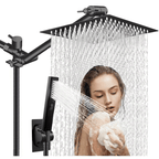 High Pressure Rainfall Shower Head & Handheld Combo 10/12 Inch Round or Square, 4-Spray Settings, 13-Inch Adjustable Arm, 78-Inch Hose & No-Drill Adhesive Holder – Chrome & Black